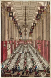 Representation of the Interior of Guildhall on the Occasion of the Visit of the King and Queen, at the Inauguration Dinner of Ald. Key to the Mayorality of London